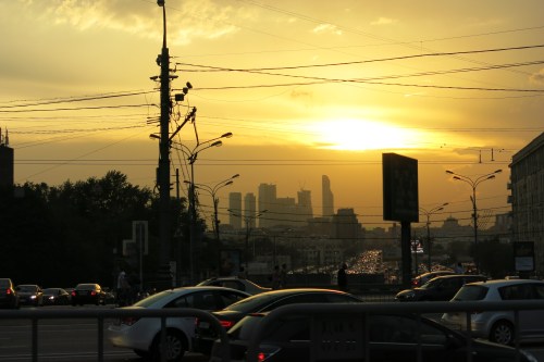 Cool view of the really tall buildings of Moscow on our walk home that evening