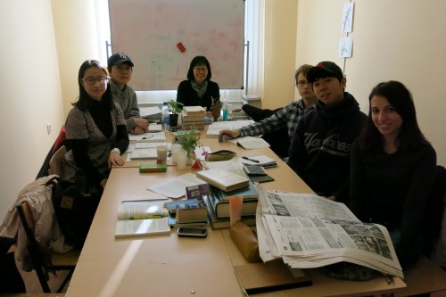 In my class, we have three Koreans, a girl from Austria, a Chinese girl, and a guy from Finland.